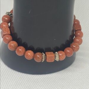 Genuine Red Sandstone Stretch Bracelet with Vintage Elements